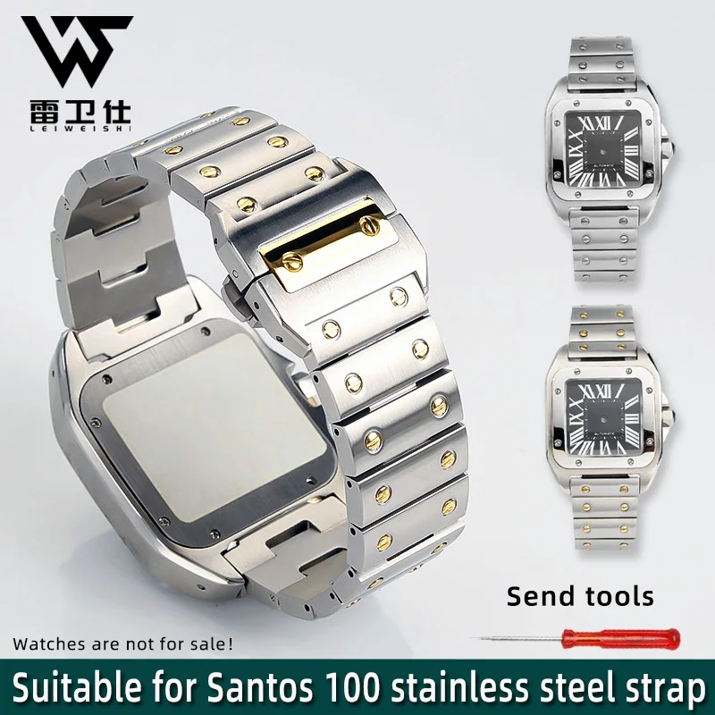 برشام حزام ساعة اليد لكارتييه Santos100 الفولاذ المقاوم للصدأ الرجال معصمه المعدني استبدال سانتوس 100 الفضة الذهب حزام الساعات 20 مللي متر 23 مللي متر