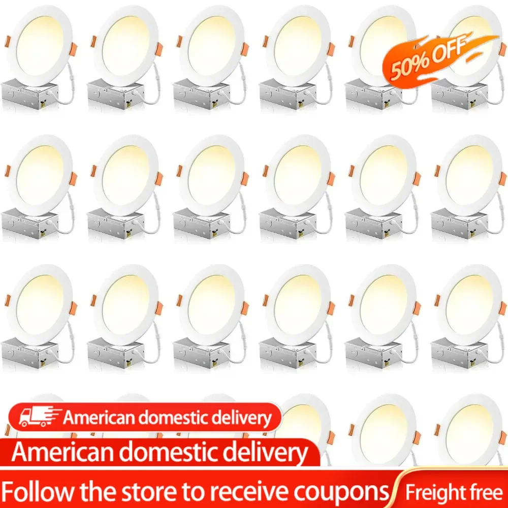 24 Pack 6 Inch 5CCT Ultra-Thin LED Recessed Ceiling Light with Junction Box, 1050LM Brightness, Dimmable Canless Wafer Downlight