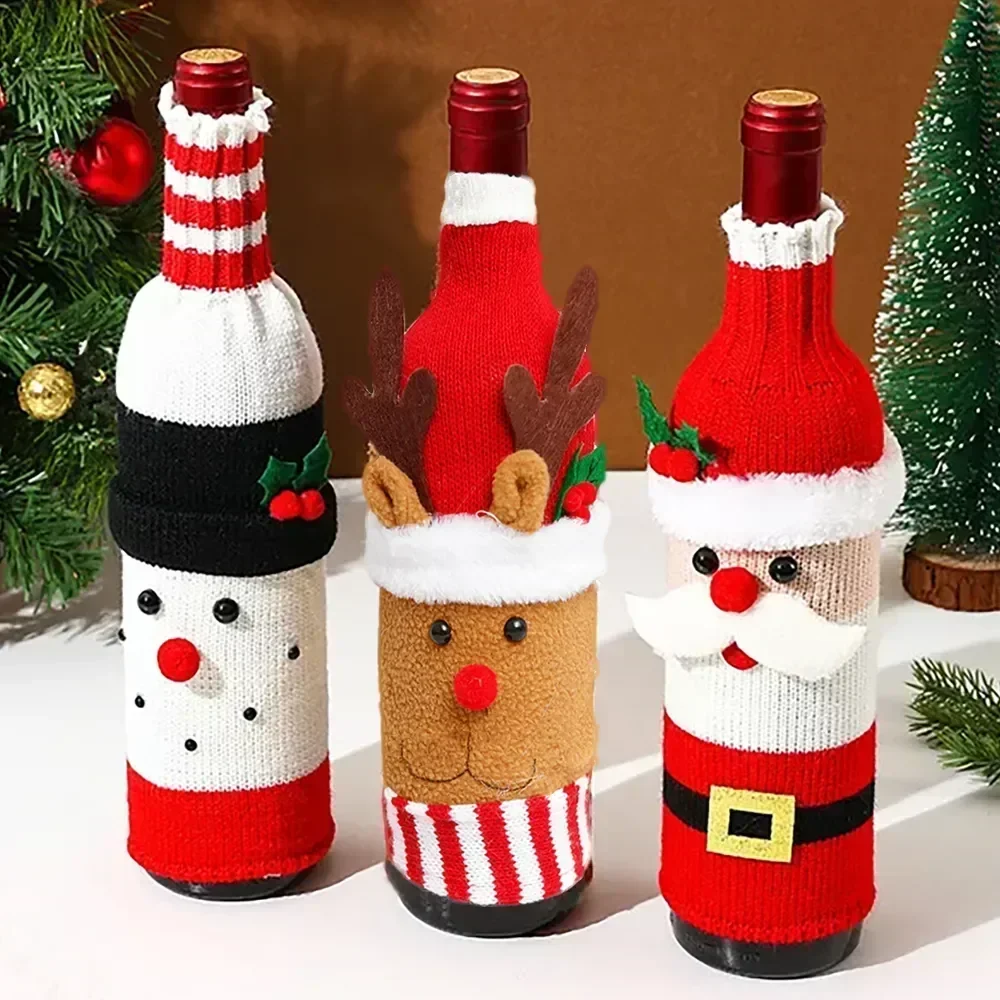 Christmas Wine Bottle Cover Set Santa Snowman Woven Wine Bottle Bags for Christmas Party Dinner Table Decorations New Year Gifts