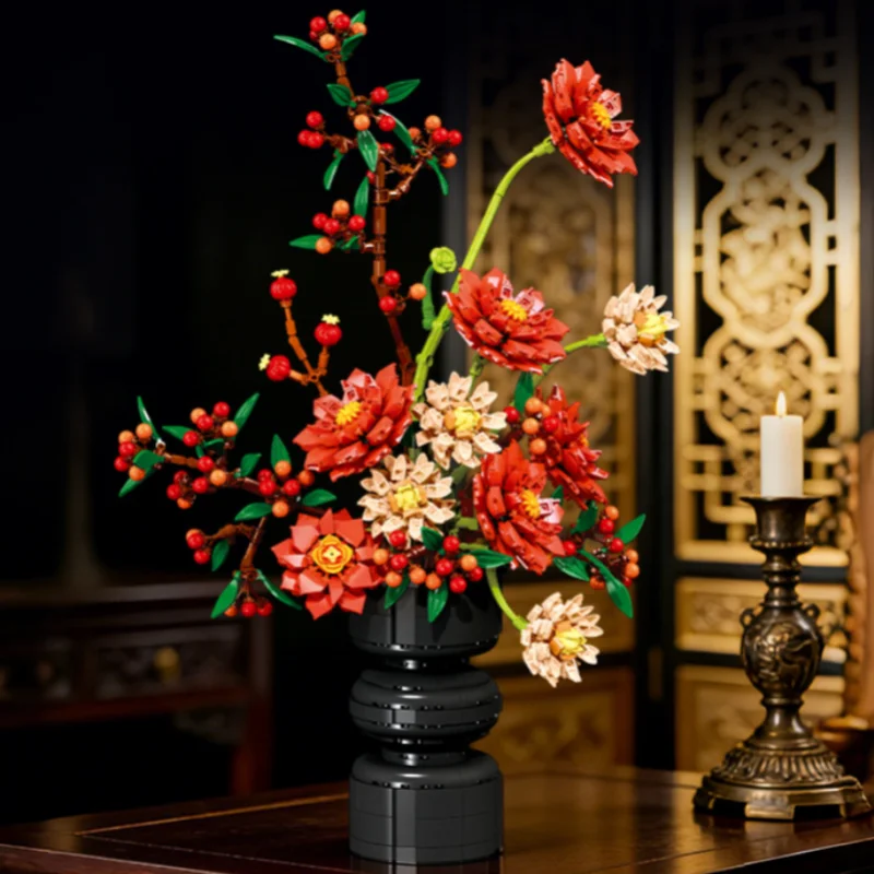 JIE STAR DIY Building Block Preserved Flower Assembly Simulated Dahlia Model Potted Plant Decoration New Product
