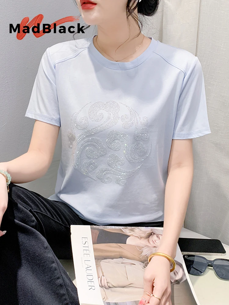 

MadBlack-Women European T-Shirt, Sexy O Neck Hot Diamond, Workwear Short Sleeve Loose S-2XL Cotton Tee, 2025 Summer New T56543CC
