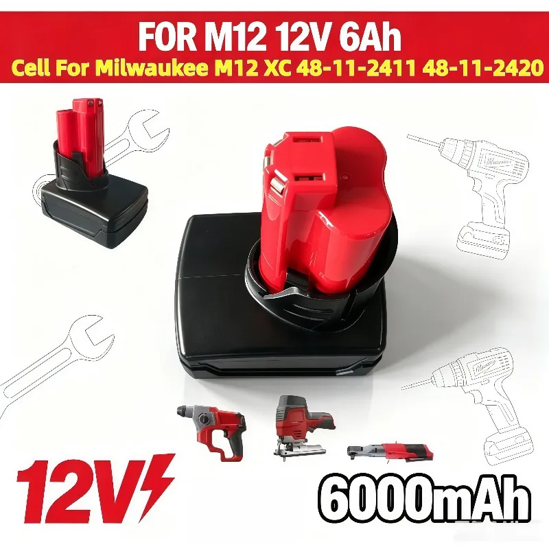 High capacity 12V lithium battery assembly matching Milwaukee M12, fits 48-11-2420 48-11-2411 cordless working devices