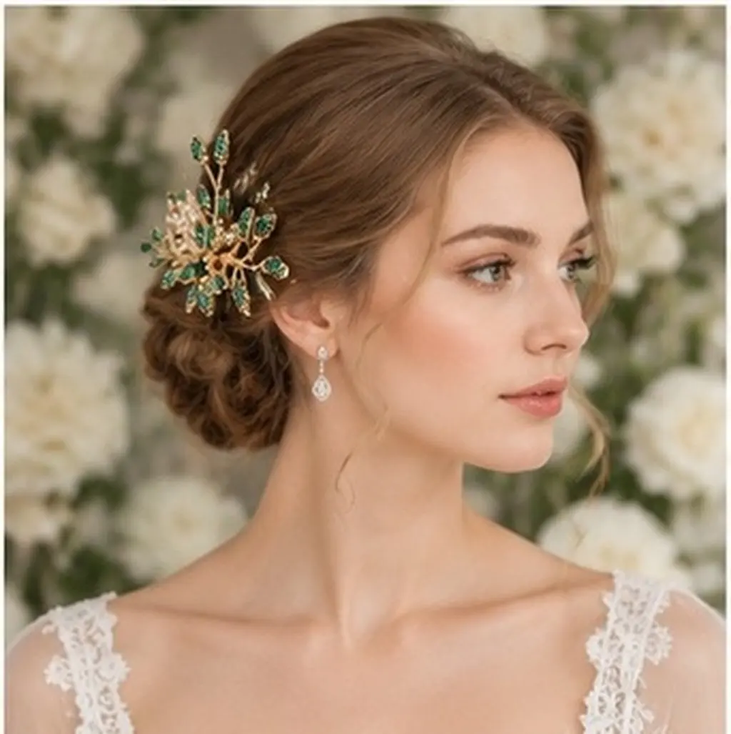 Wedding Bridal Hair Comb Green Vintage Alloy Rhinestone Handmade Crystal Bridal Headdress Side Comb Secure Comfort Hair