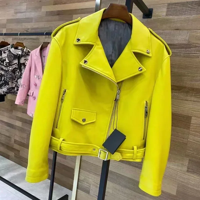 2024 Spring and Autumn New Women\'s Yellow Leather Fashion Elegant Casual Women\'s Short Coat Jacket