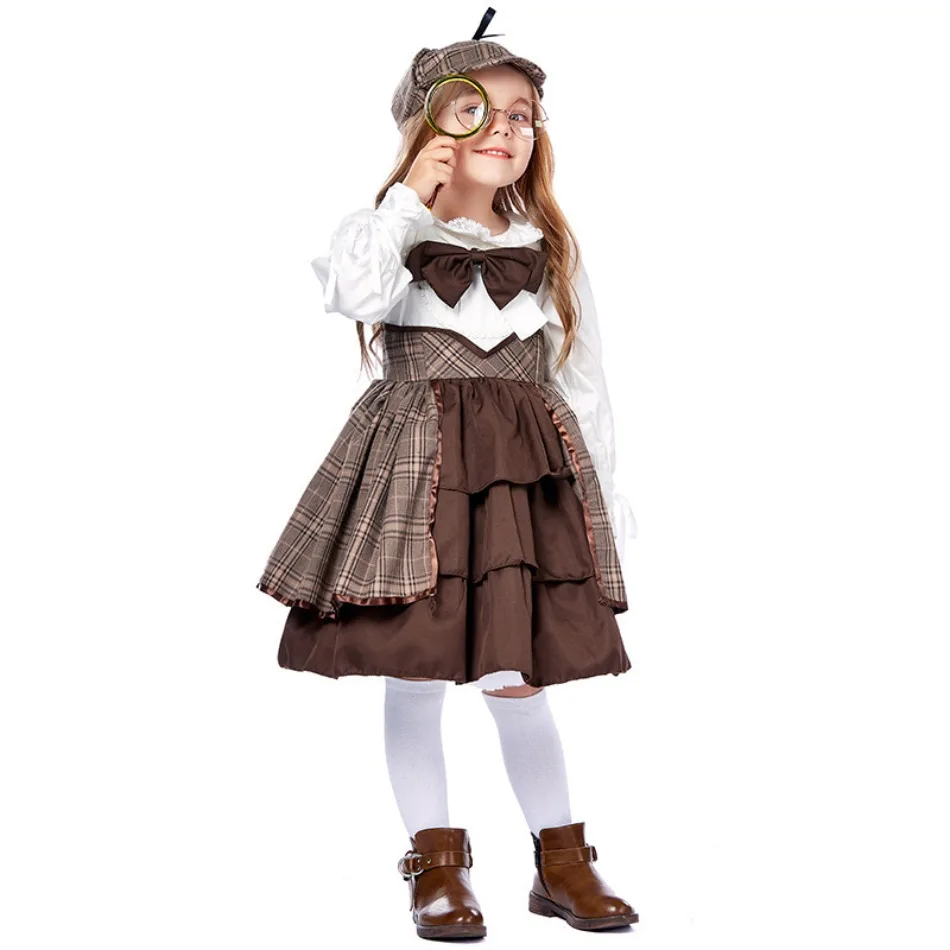 Kid Dress Up Detective Girls Lolita Dress Children Preppy Style Costume Suits With Glasses Party Clothes Performance Outfit PS66