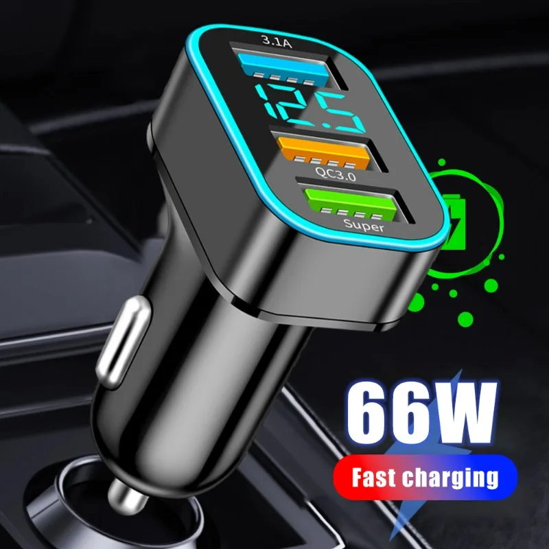 3 Ports 66W USB Car Charger Lighter Quick Charge QC3.0 LED Display PD QC Type C Car Phone Chargers for iPhone Samsung Xiaomi