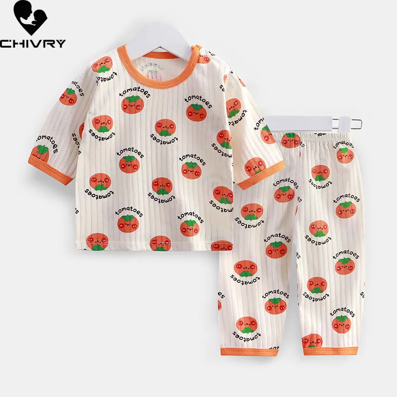 T-shirt à manches trois-quarts imprimé dessin animé pour enfants, pyjamas minces pour bébés garçons et filles, vêtements de nuit avec pantalon, vêtements de maison, été, nouveau