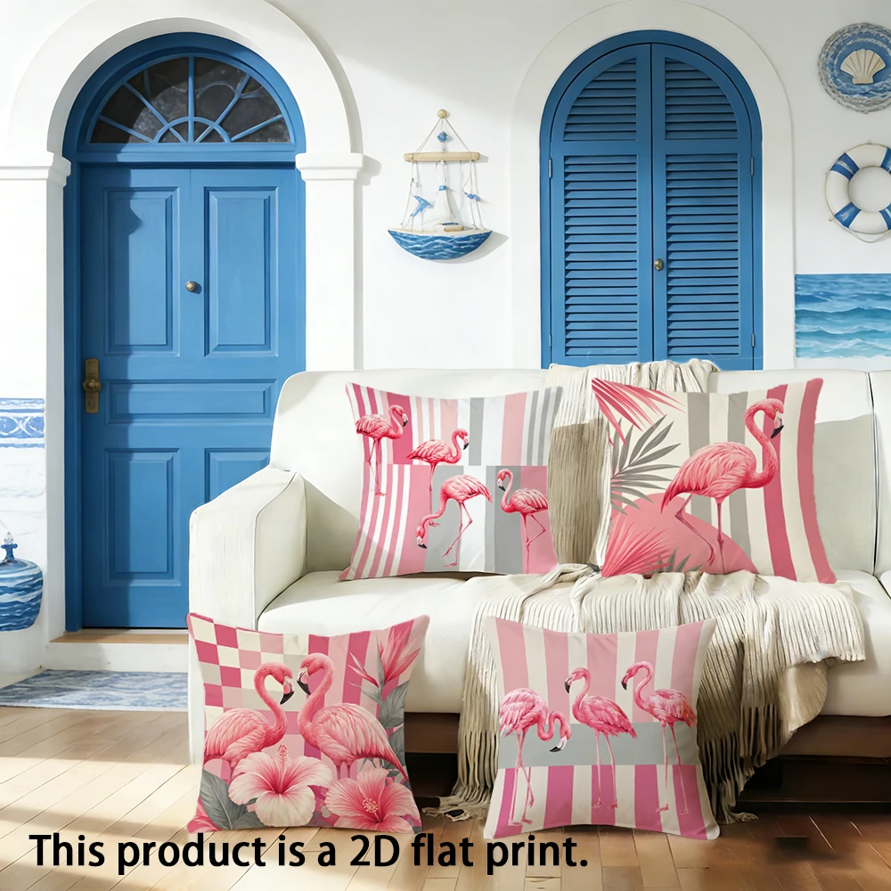 1pc Tropical Flamingo Print Throw Pillow Covers, Pink Geometric Stripe Floral Cushion Cases for Home Sofa Bedroom