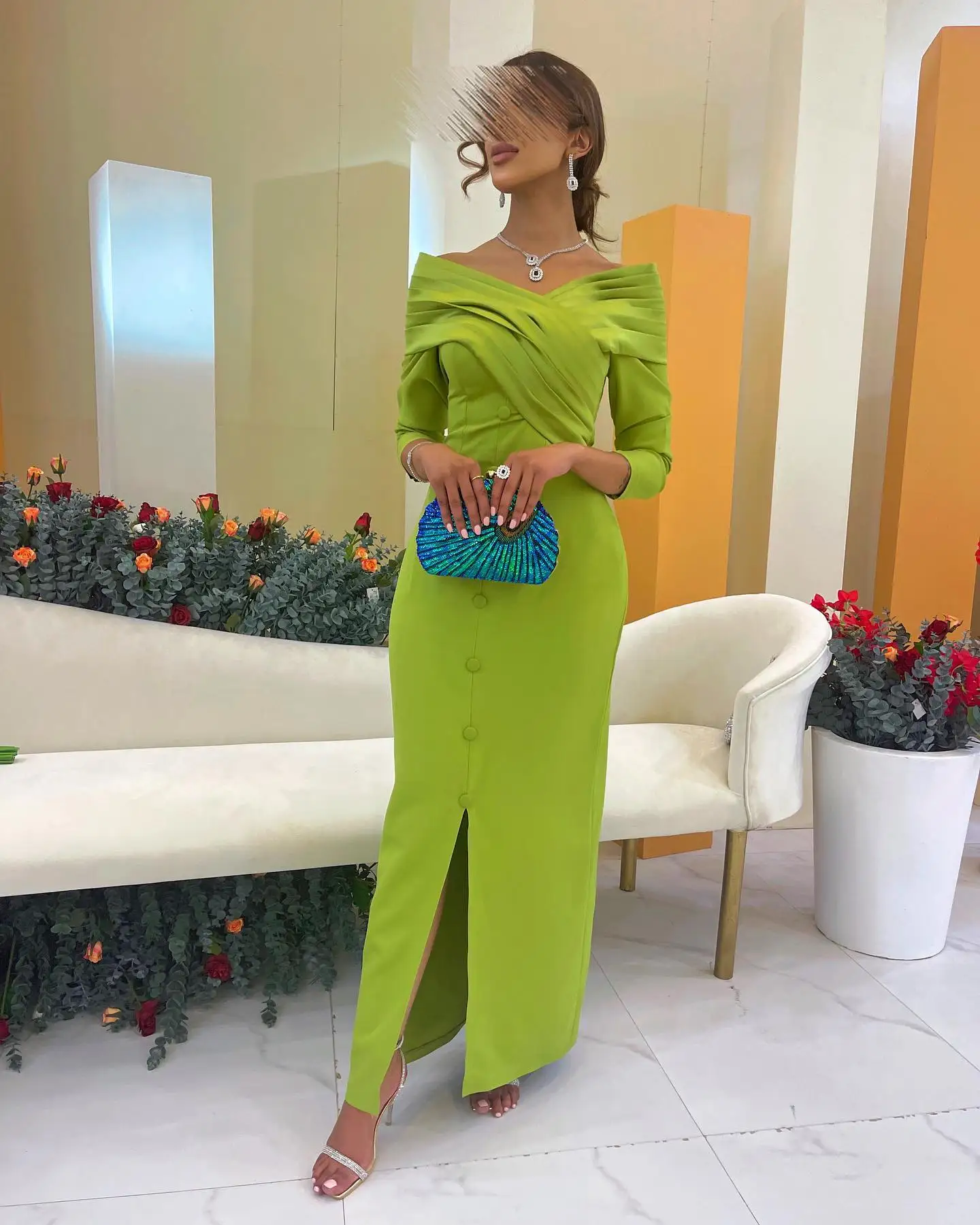 Jirocum Green Off Shoulder Evening Gown Women Mermaid Button Party Prom Dress Elegant customized Satin Special Occasion Gowns