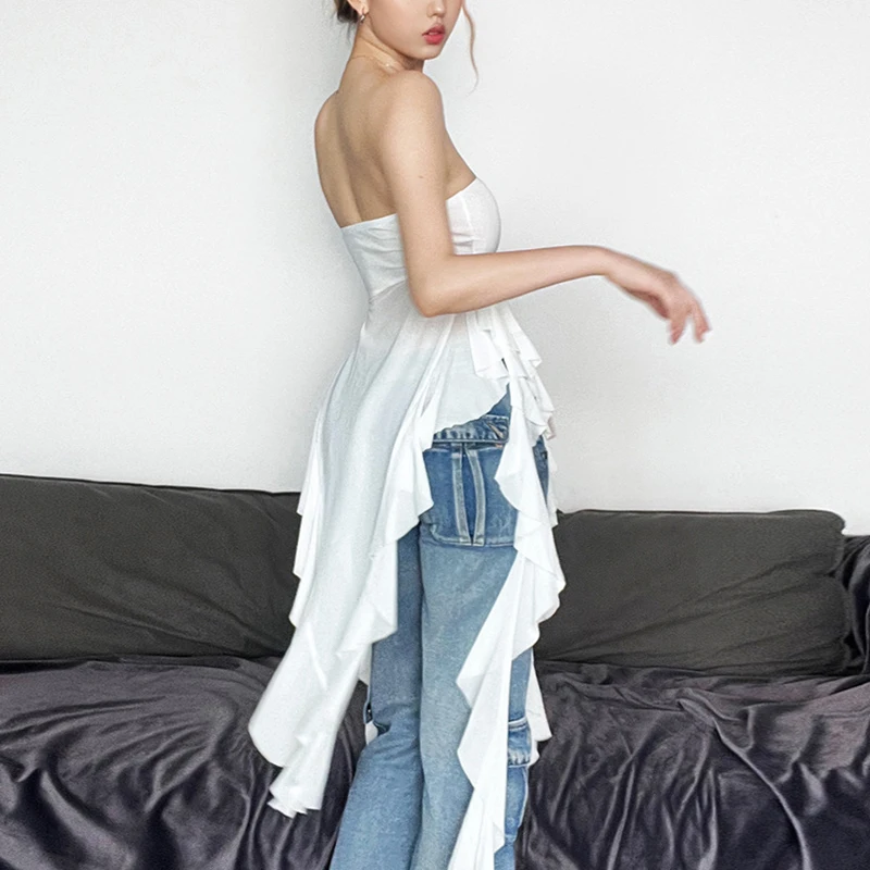 Women Irregular Tube Tops Ruffled Tassel Summer Strapless Bandeau Backless Shirts Streetwear Y2K Aesthetic Clothes