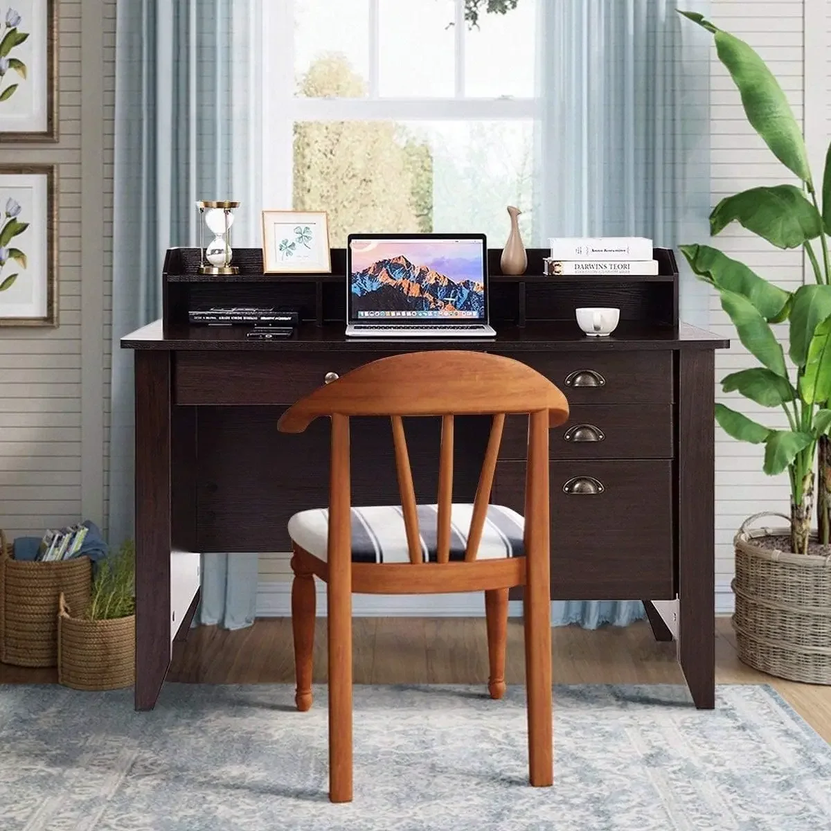 Computer Desk with 4 Storage Drawers & Hutch, Home Office Desk Vintage Desk with Storage Shelves, Wooden Executive Writing