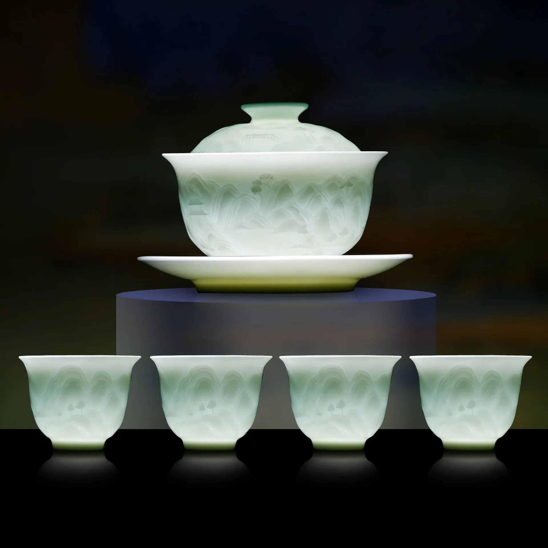 

DSA Handmade Shadow Celadon Kung Fu Tea Set Ceramic Carving Landscape Cover Bowl Teapot Teacup Combination Gift