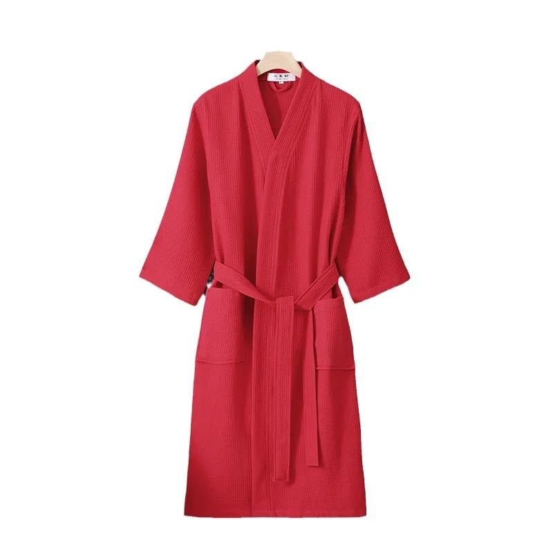 Couples 100% Cotton Bathrobe Kimono Bathrobe Comfortable Men&Women Robes V-neck Sleepwear Nightgown Solid Waffle Hotel