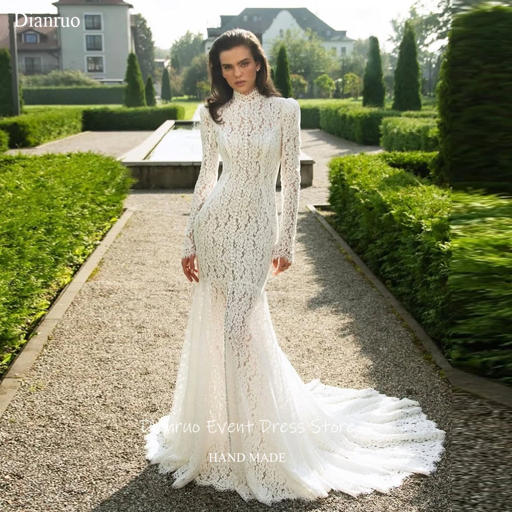 Dianruo Backless Long Sleeves Bridal Wedding Dress Floor Length Mermaid Vestido Novia Civil High Neck Robe De Mariée Customized
