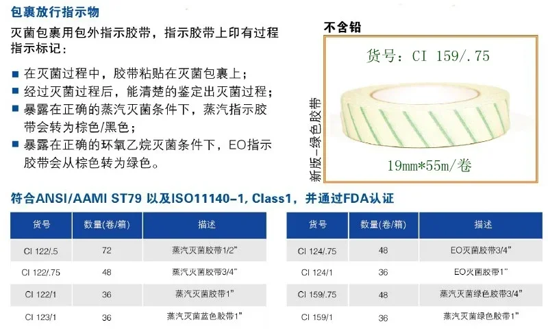 SteriTec Hydrogen Peroxide Chemical Indicator Strip CI115 Steam Sterilization Indicator Tape CI159/.75