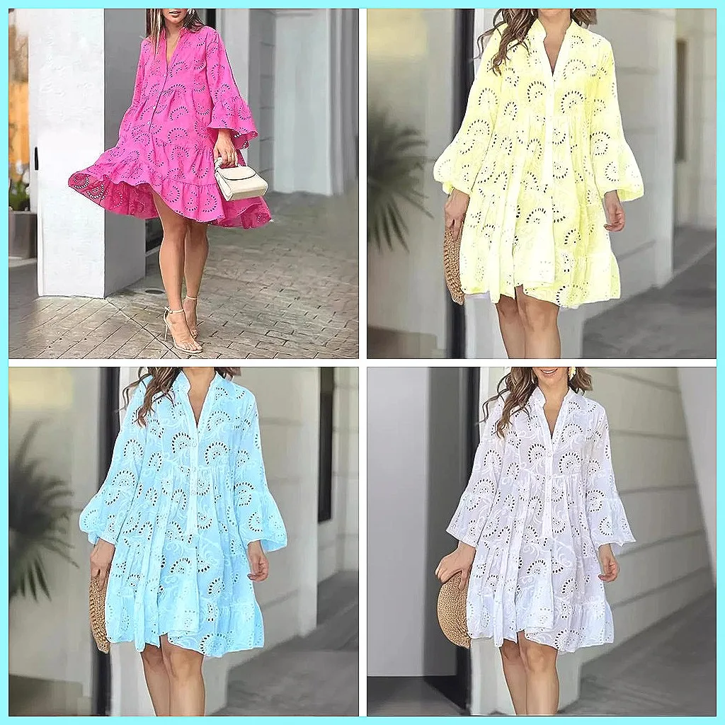 

Spring Summer Women's Sexy V-Neck Lace Embroidered Dress, Hollow Floral Casual Loose Fit Solid Color