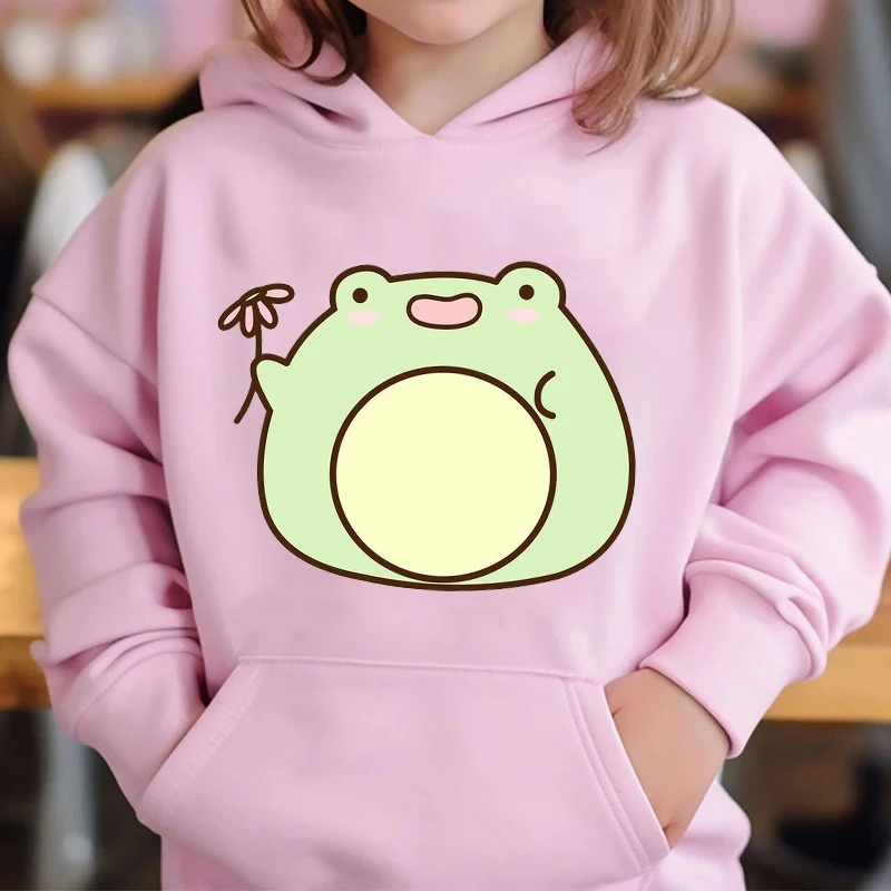 3-14 Years Old Children's Frog Holding Flower Hoodie Kids Cartoon Style Clothing Long Sleeve Pullover Animal Boy Girl Sweatshirt