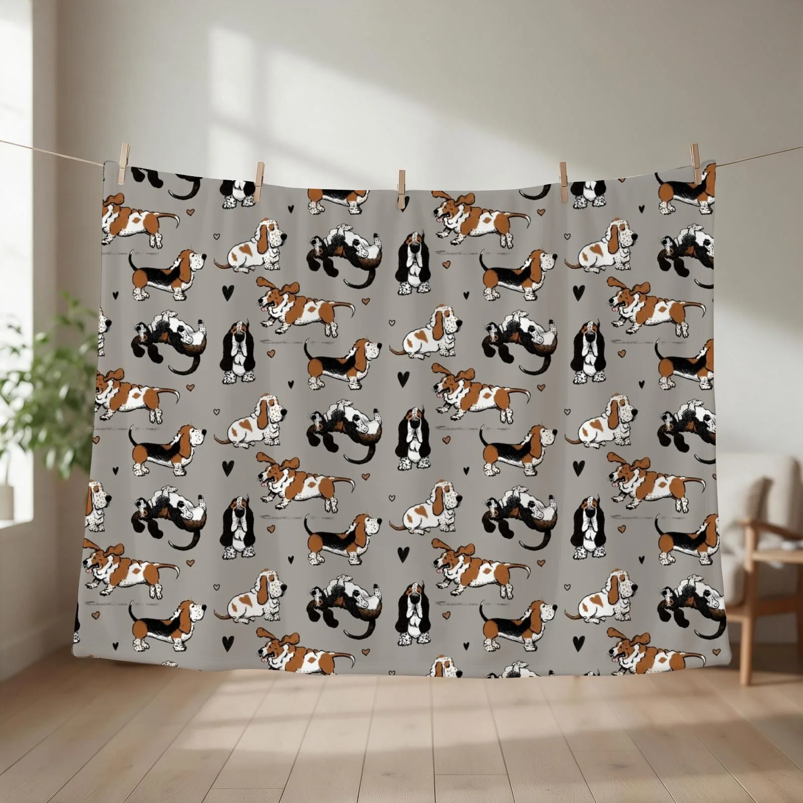 Basset Buddies on Warm Gray Throw Blanket Designers Bed Fashionable Warm for winter Blankets