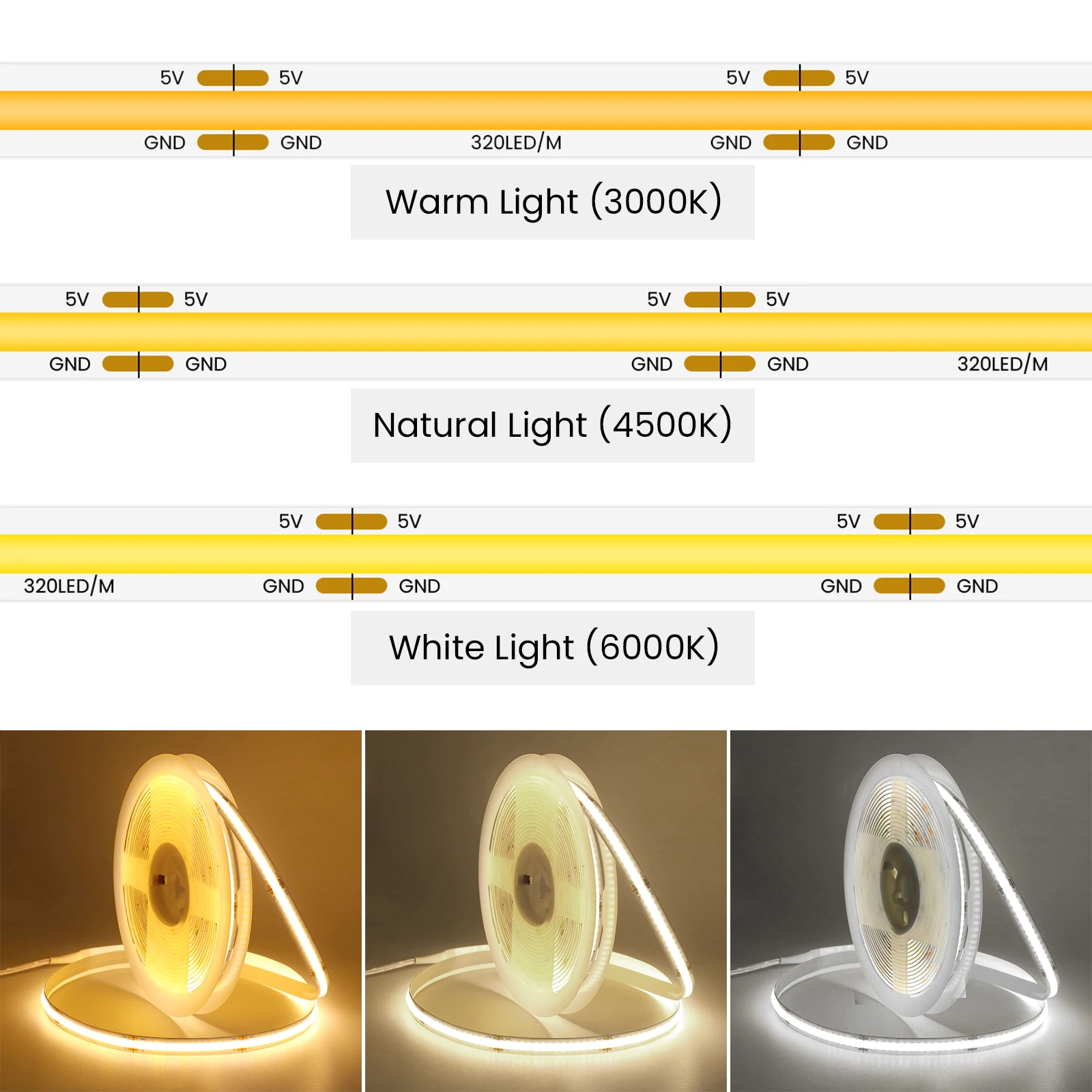 フレキシブル穂軸LEDストリップライト,温かみのある自然な白色光,バッテリーボックス,寝室のキャビネット,テレビのバックライト,3aa,5v,8mm,1メートルあたり320個のLED