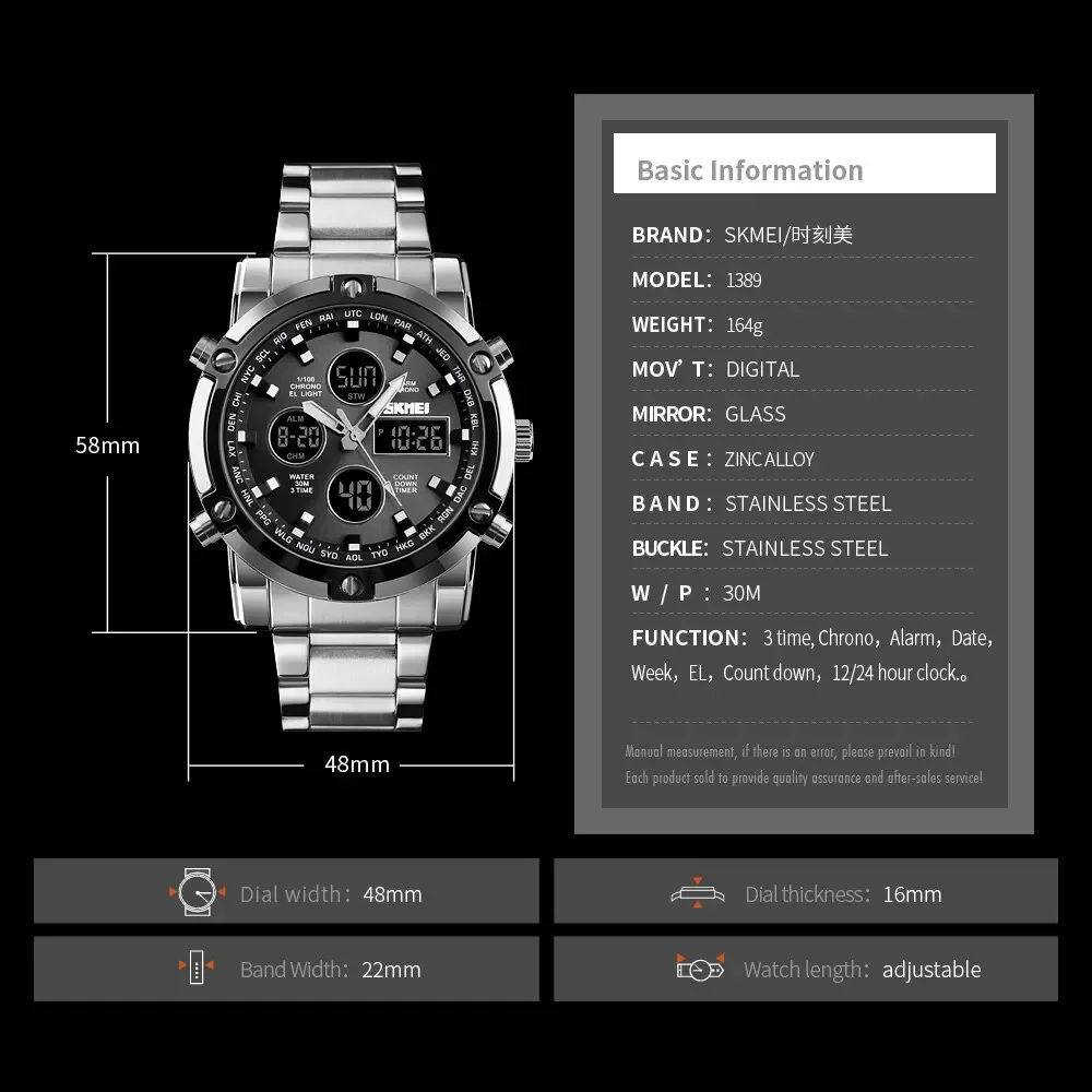 Skmei 1389 3 Time Back Light Display Digital Watches Mens Full Steel Strap Quartz Wristwatch Countdown Clock Relogio Masculino view 3