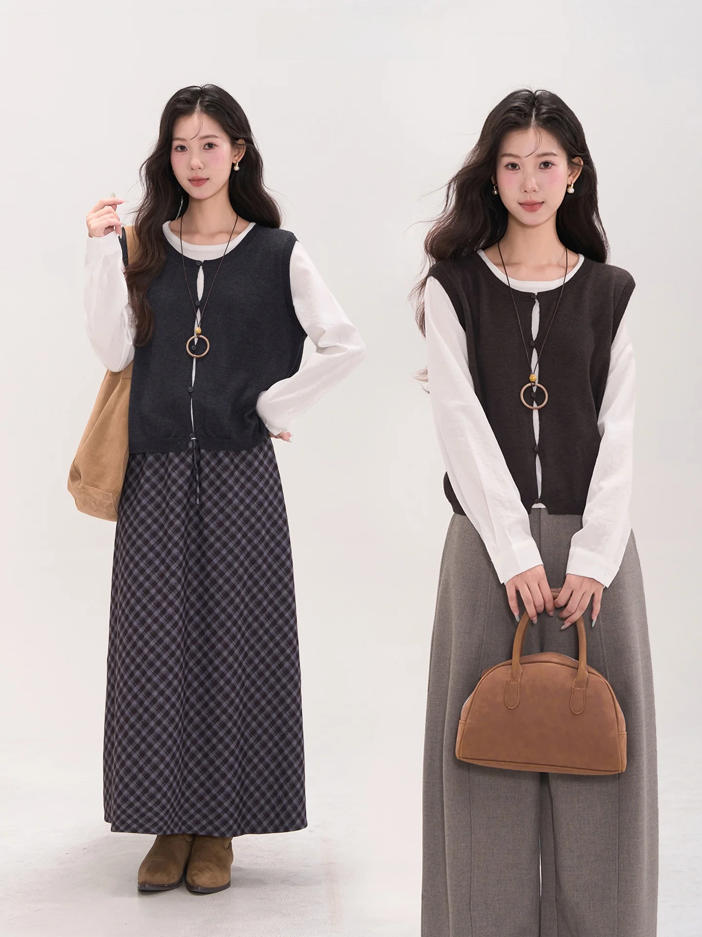 

Женская осенняя повседневная свободная вязаная кофта с круглым вырезом и длинными рукавами, имитация двухслойности, из смесовой ткани (полиэстер, акрил, нейлон)