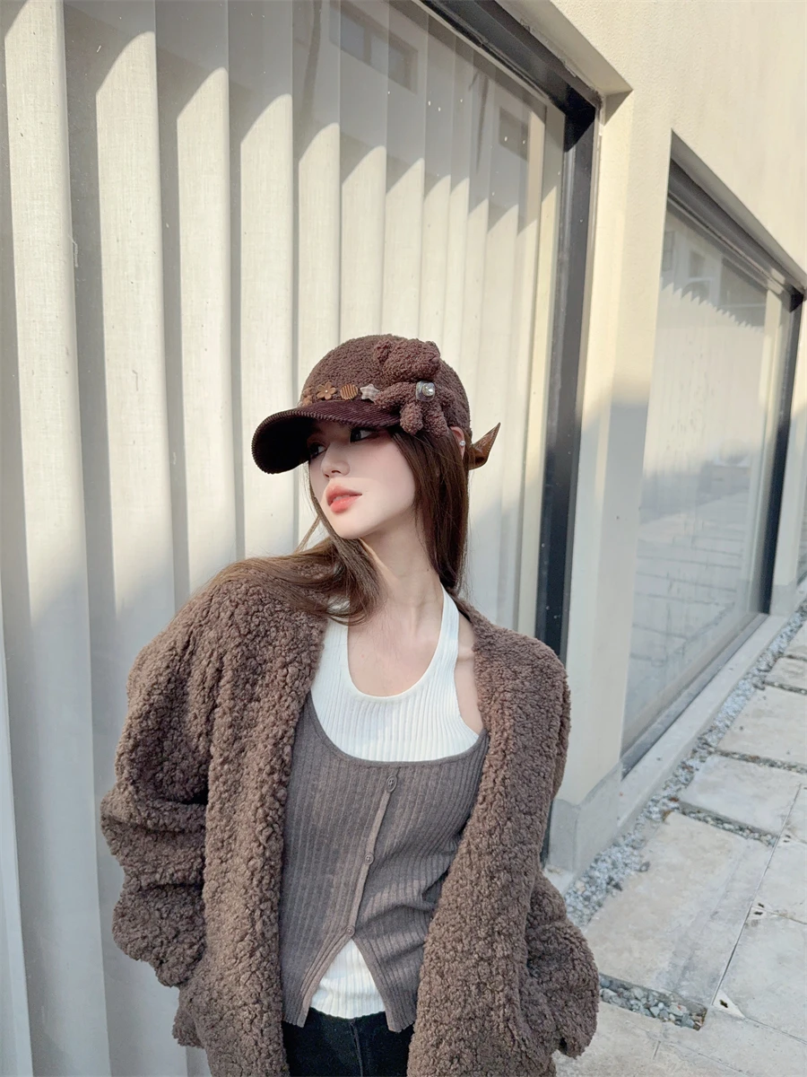 casquette-de-baseball-decontractee-en-velours-d'agneau-modele-ours-avec-nœud-detachable-a-l'arriere-casquette-a-visiere-en-forme-de-bec-de-canard-pour-femmes-printemps-automne-hiver