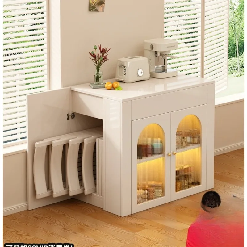 XL Cream Wind Retractable Solid Wood Dining Table Side Cabinet Integrated Island Small Unit Multifunctional Folding Dining Table