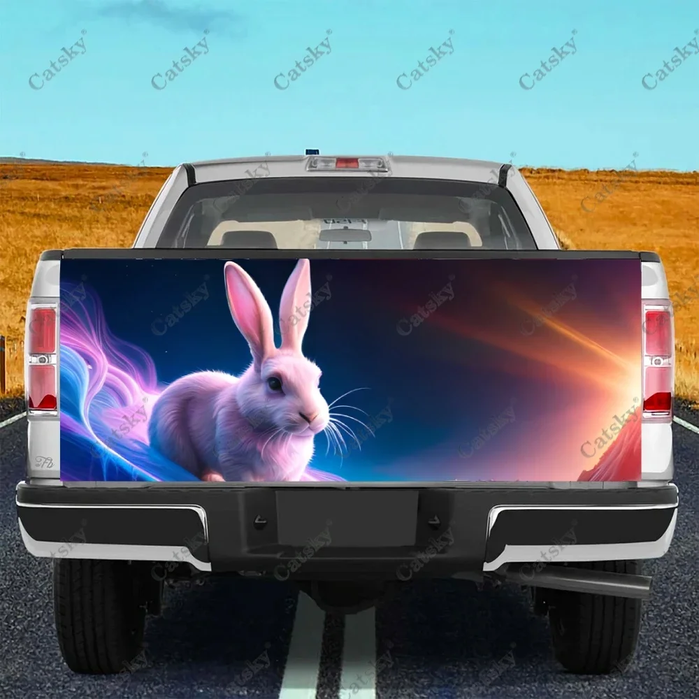 Cute White Rabbit Fluffy Bunny Truck Tailgate Wrap Professional Grade Material Universal Fit for Full Size Trucks Weatherproof