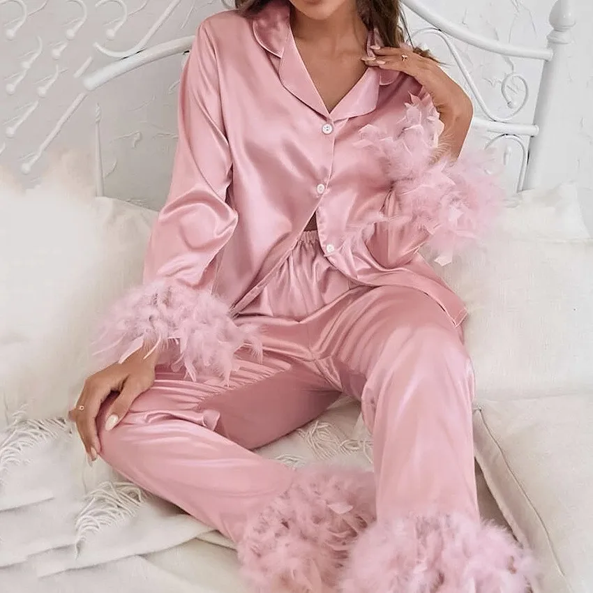 

Spring Summer Women's Clothing Satin Trim Long Sleeve Pajamas Two Set Thin Polyester Wear Set