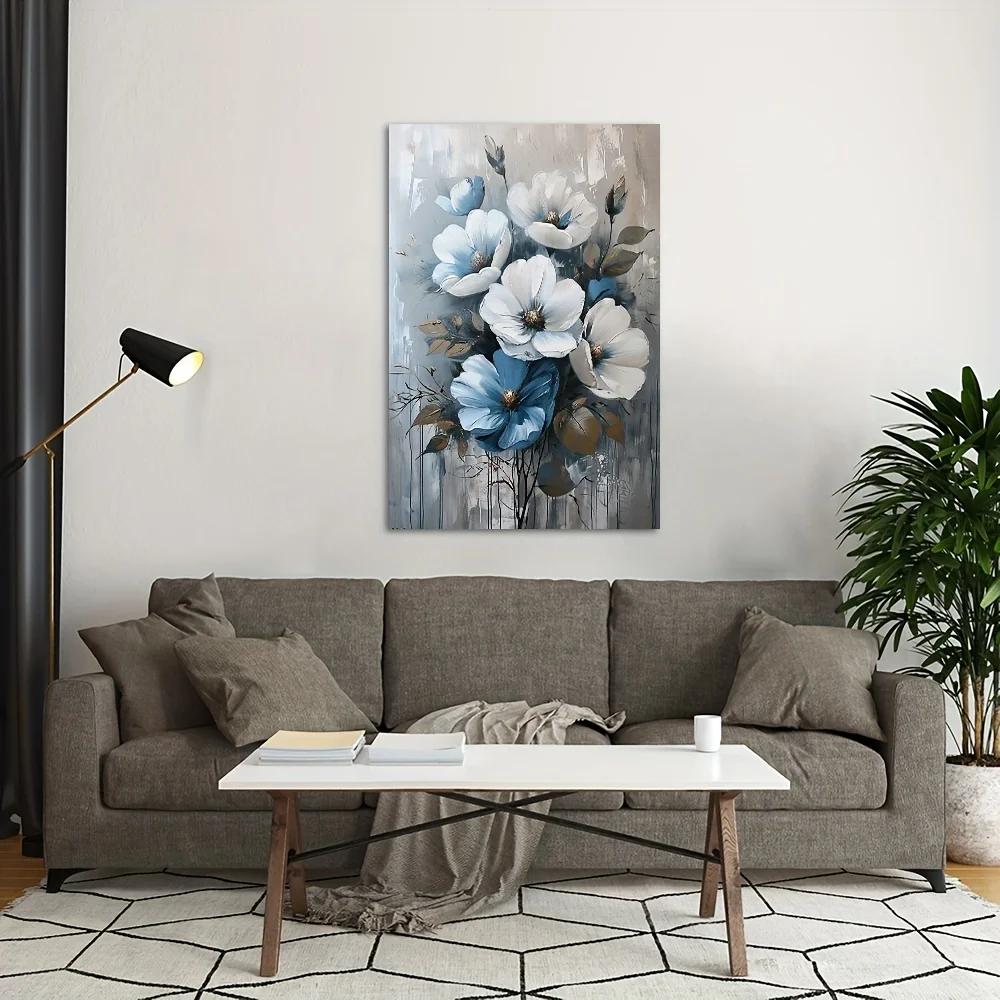 Canvas Painting in Wooden Frame Blue and White Floral Wall Art for Home Decor Living Room and Bedroom Holiday Party Decoration