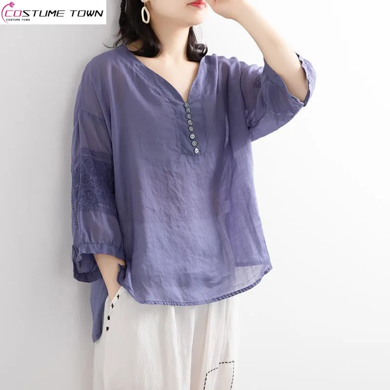 

100% Cotton Art Retro Style 2024 Spring/Summer New Style Light and Thin Embroidered V-neck Loose Cotton Shirt