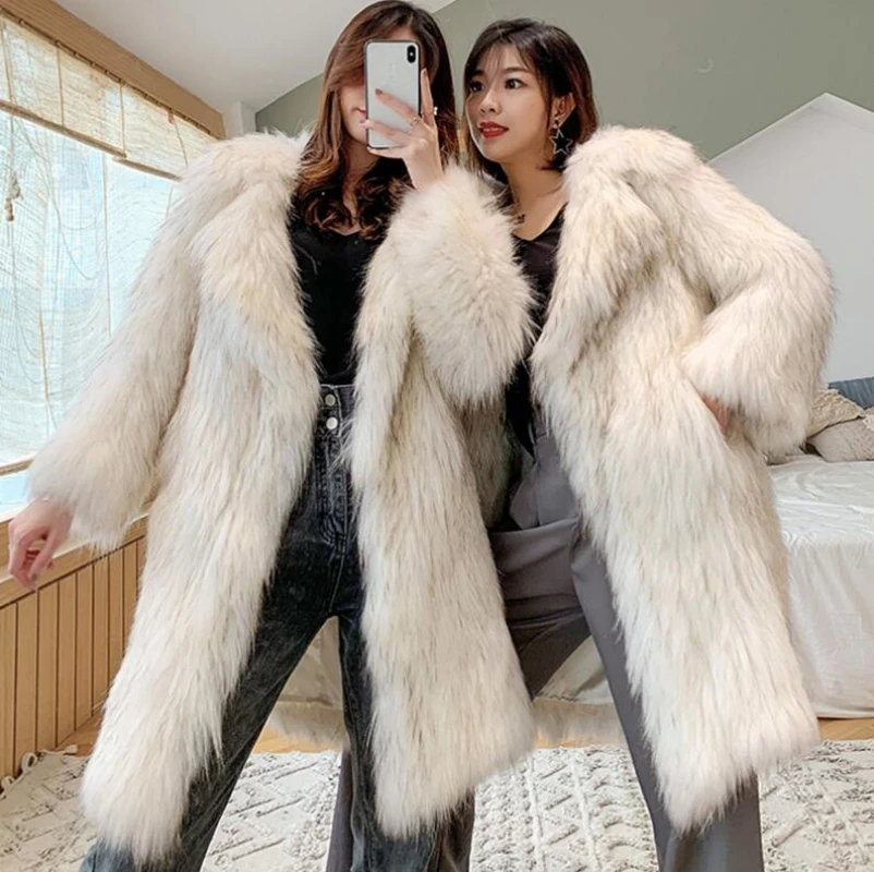 Winter fox fur imitation fur coat women's long new warm raccoon fur coat large size leisure windbreaker