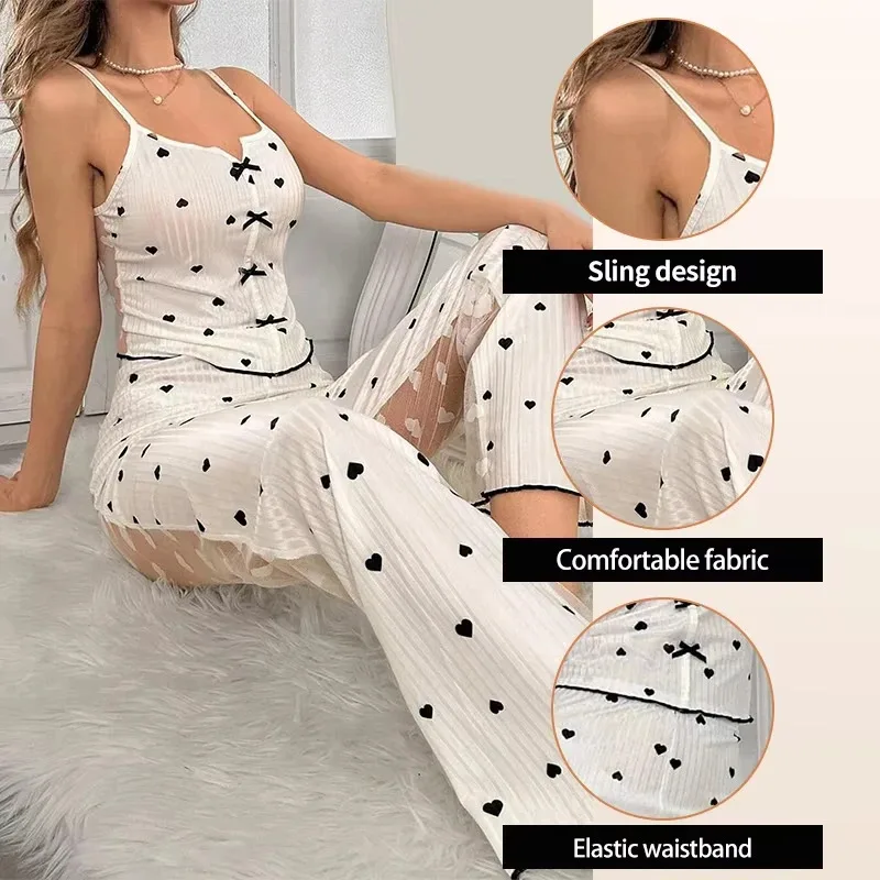 2-Piece Women's Sexy Transparent Mesh Lace Set with Ribbed Printed Strap Top and Pants Home Clothes Pajama Set image 6