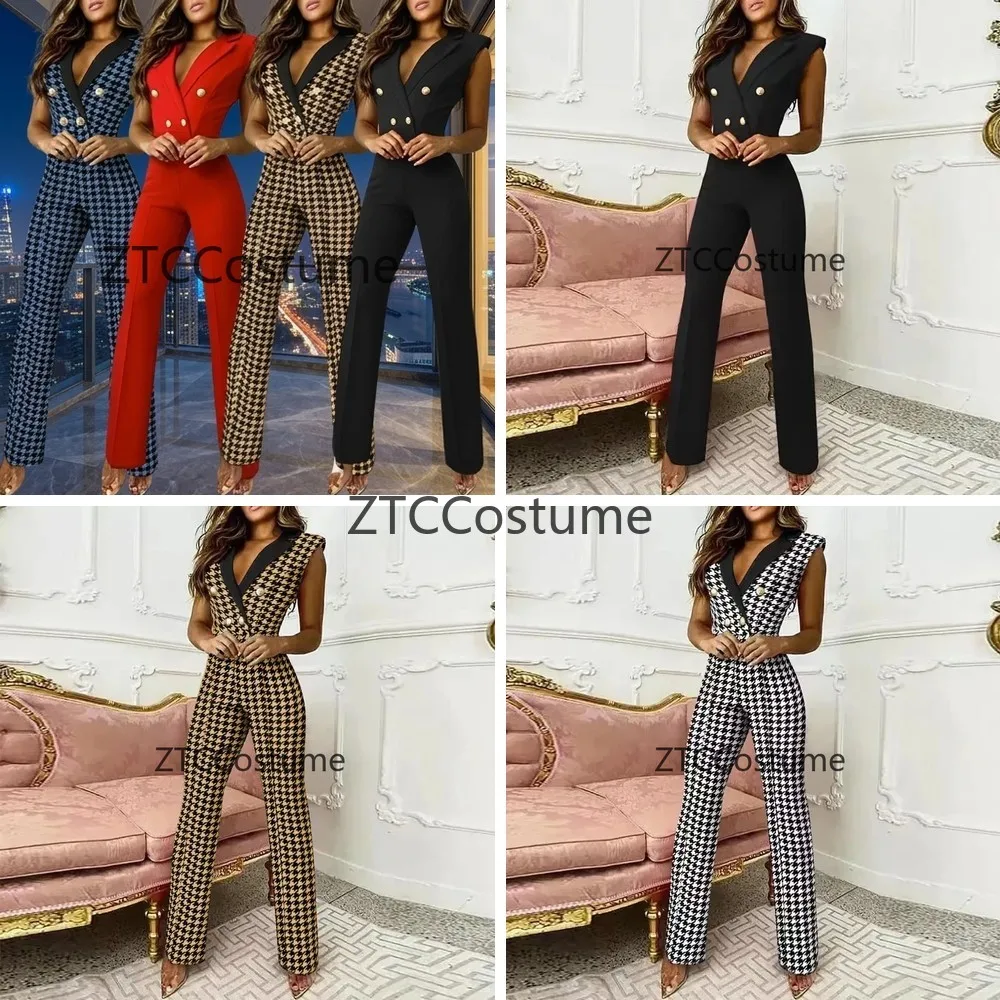 

Cosplay Sexy Womens Elegant Jumpsuit Plaid Print Sleeveless One Piece High Waist Bodysuit Long Pants Turn Down Collar Overalls
