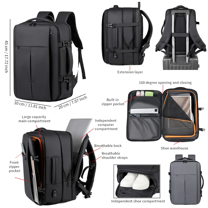 

Men's backpack, 17.3-inch laptop backpack, with expandable function, large-capacity travel backpack