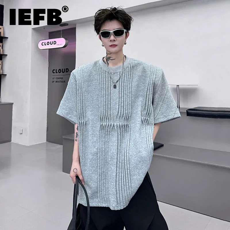 

IEFB New Stylish Men T-shirt O-Neck Short Sleeve Pleated Knot Decoration Loose Solid Color Versatile Male Top Summer 28W3264