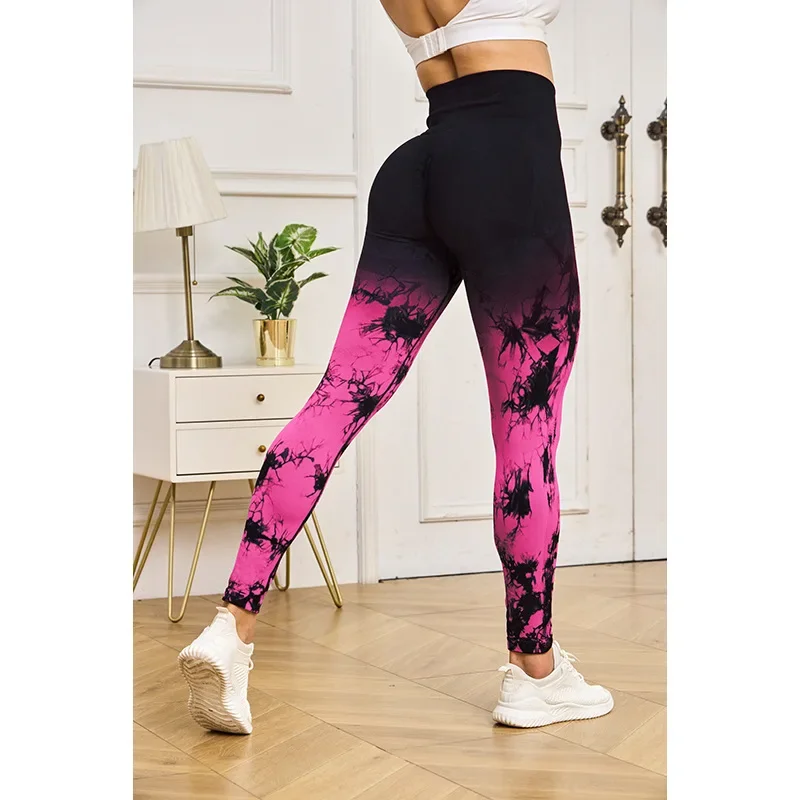 Mallas deportivas de Yoga con tinte anudado para mujer, mallas deportivas de cintura alta para gimnasio, entrenamiento, correr, levantamiento de cadera, medias de punto con gradiente