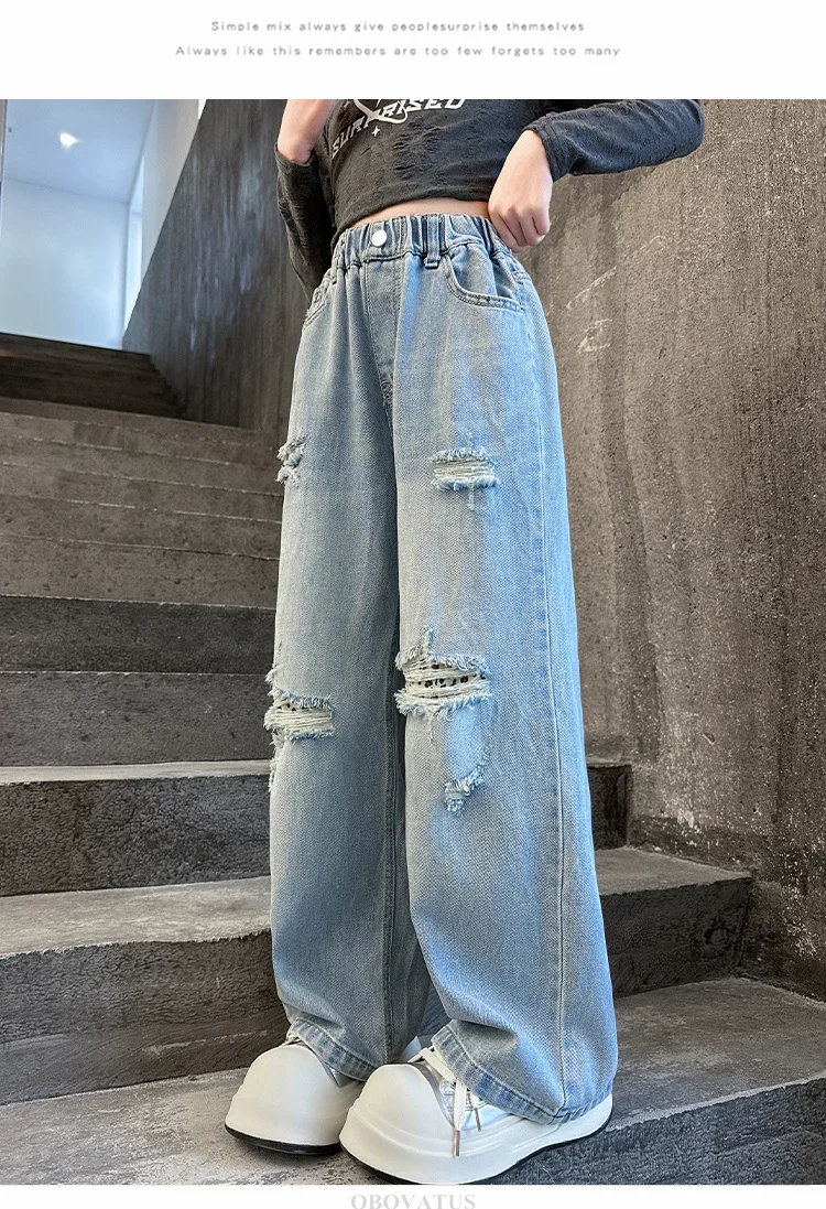 Zerrissene Jeans für Mädchen, Frühlingsmode, Löcher, Kinder, Ripped Pants, elastische Taille, Kinderkleidung für Teenager, koreanische Jeanshosen – Detail 7