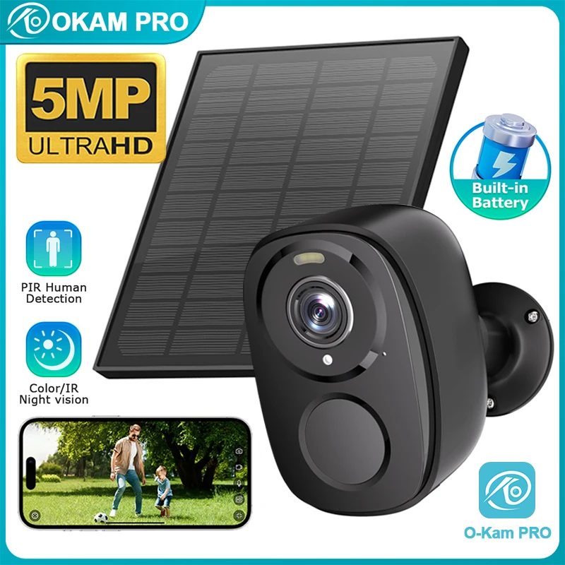 كاميرا OKAM PRO 4G الشمسية HD 5MP SIM كاميرا 5000 مللي أمبير بطارية 130 ° عدسة واسعة الزاوية خارجية IP66 مقاومة للماء CCTV رؤية ليلية ملونة #1