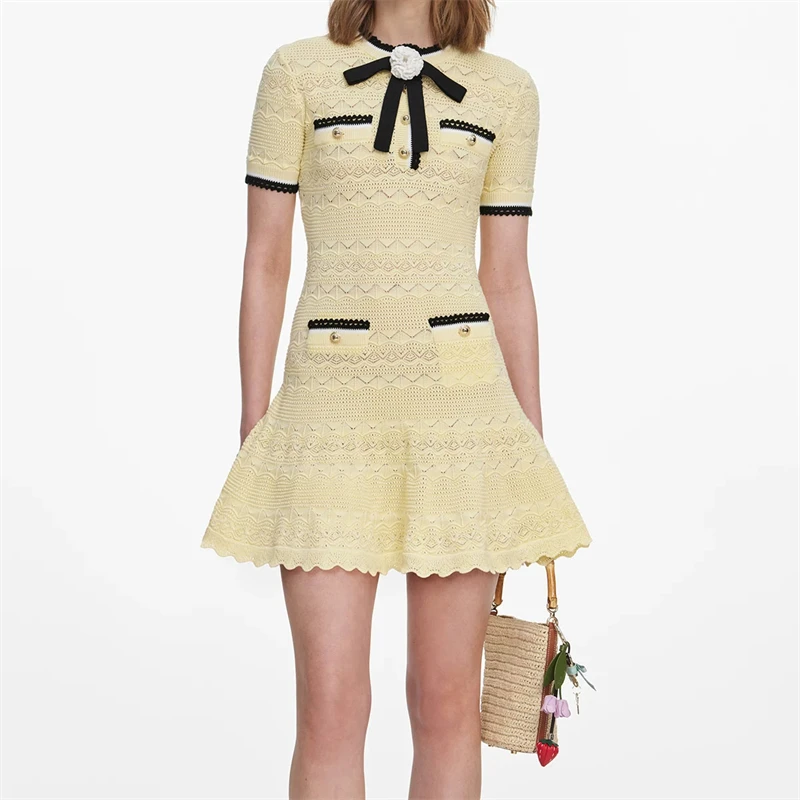 Neues Sommerkleid im französischen Stil mit Rundhalsausschnitt und Schleife, Kurzarm-Strickkleid, Y2K Damenmode Lässiger Urlaubsstil A-Linien-Minikleid