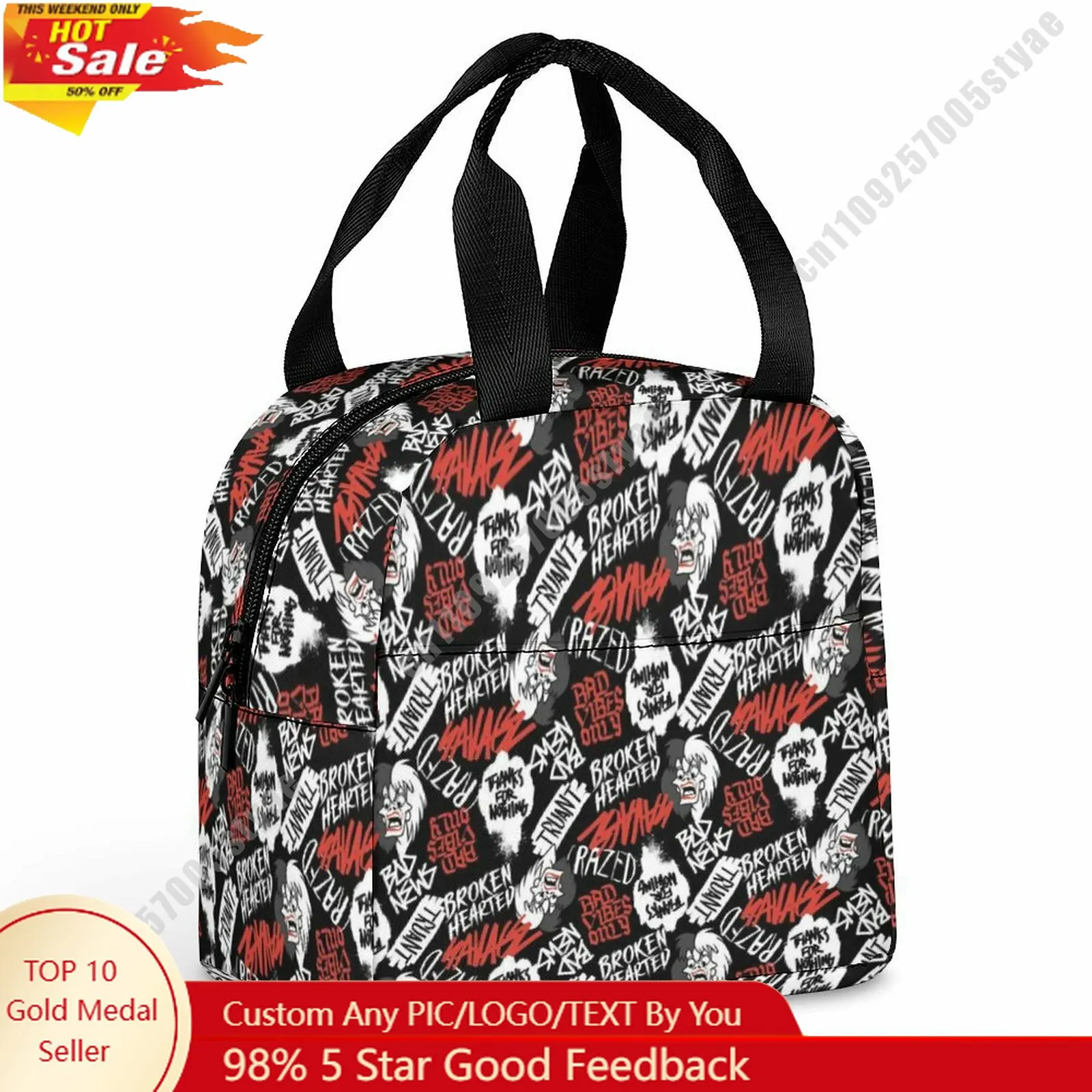 

Cruella De Vil Lunch Bag Disney Animal Patterns Bento Bag DIY Custom Text Photo Logo Portable Aluminum Foil Food Bag Cosplay