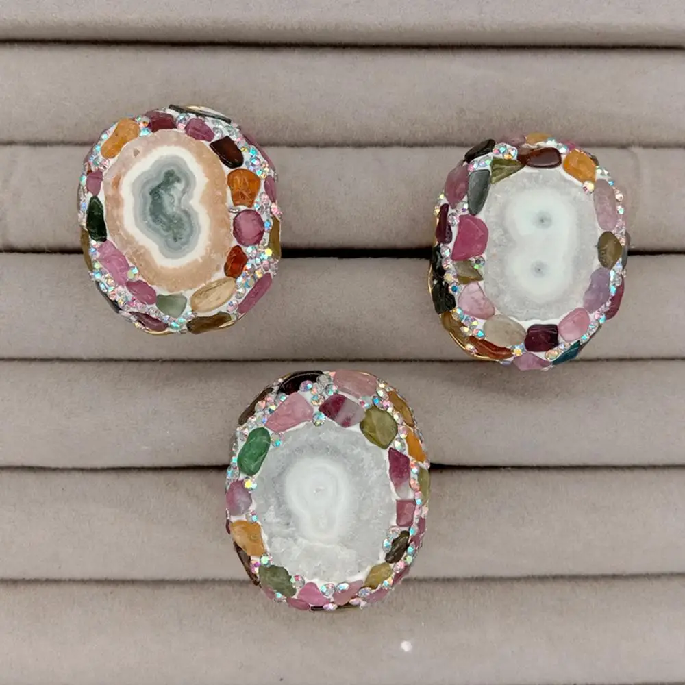 

3 Pcs Natural Flower Shape White Quartz Slab Slice Tourmaline Pave Finger Ring Fashion Jewelry Adjustable