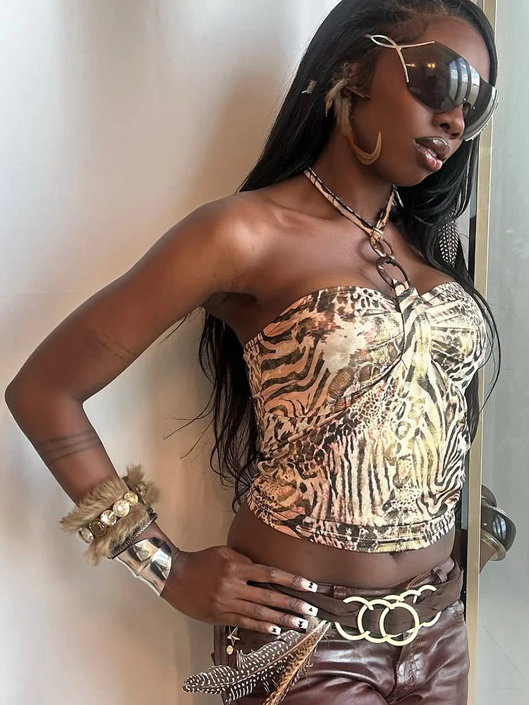 

Женские топы-майки Nibber Tiger Stripe с декором в виде кольца, на бретелях, облегающие, сексуальные, для музыкальных фестивалей, в стиле wild streetwear