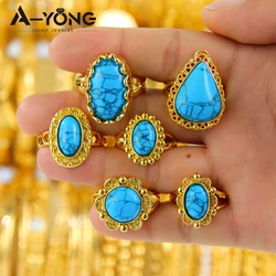 Luxury Turquoise Gold Color Rings 21k Gold Plated Vintage Arab Elegant Cocktail Ring Italian Dubai Women Party Jewelry Gift