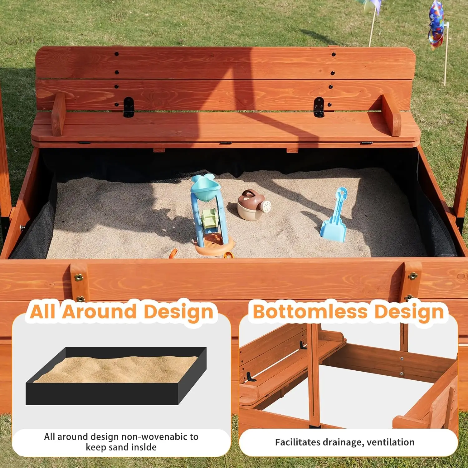 Kids Sandbox with Lid, Foldable Bench Seats Sand Box, Sandbox for Kids with Cover Adjustable Height Roof and Bottom Liner, Sand