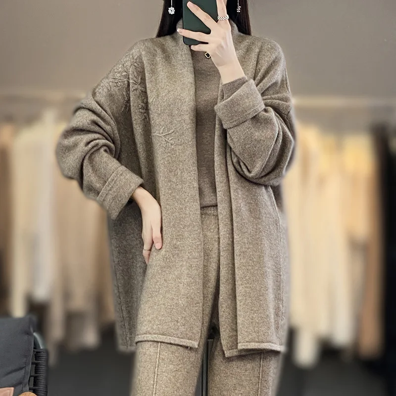 Long-Sleeved V-Neck Cardigan for Female, 100% Cashmere, Hand-Embroidered Coat, Loose and Lazy Wind Sweater, Shawl