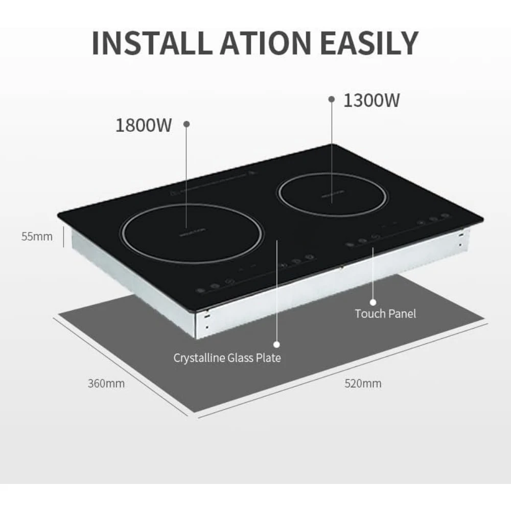 Elektrische Inductie, 1800W 2-Brander 12 Inch Horizontaal Elektrisch Fornuis, Kinderslot & Timer En Led Touch, Draagbare Inductiekookplaat