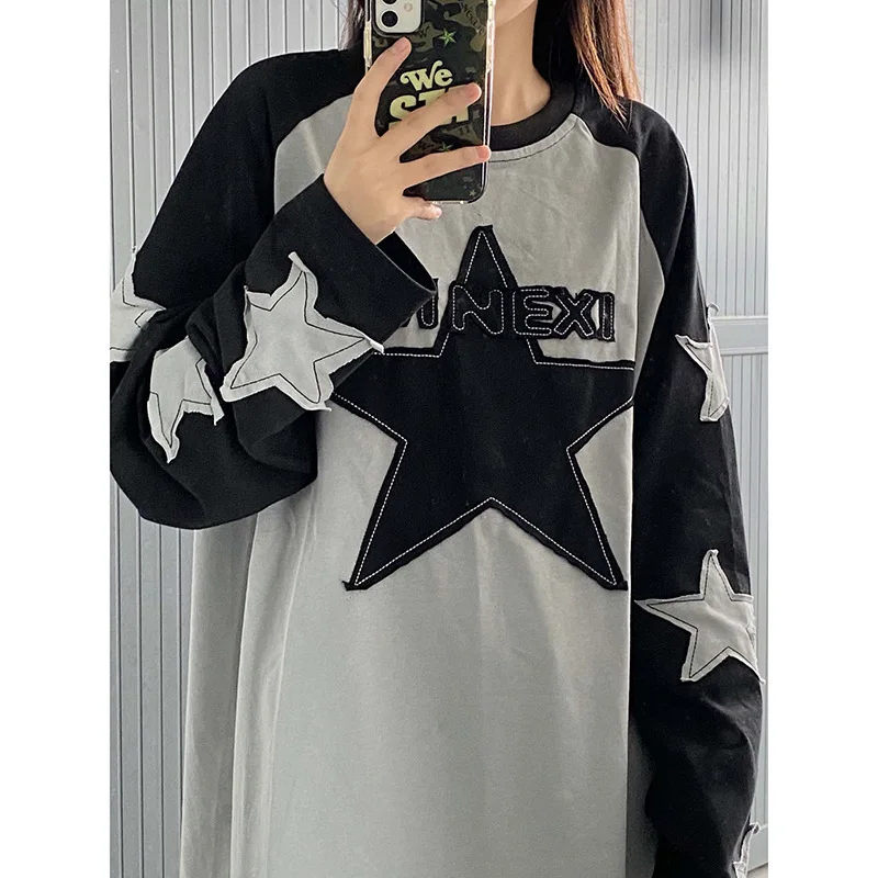 

Cross border autumn new style American retro vintage vintage star long sleeved T-shirt casual loose personality street Y2K top