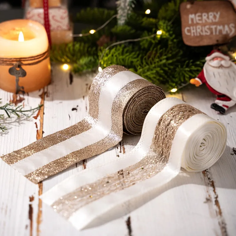 Gold Decorative Webbing Matched with Smooth Tulle Ribbons DIY Bows Christmas Tree Ornaments Gift Box Packaging and Door Wreaths