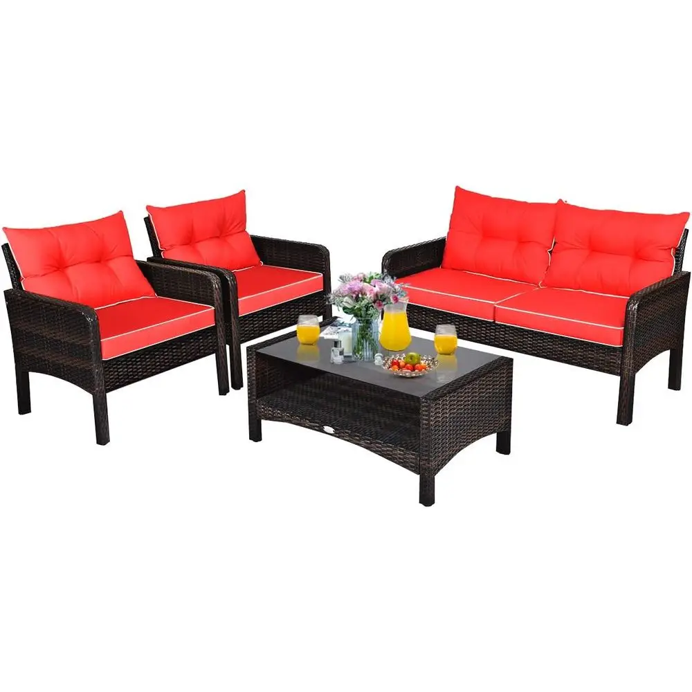 

Red Outdoor Wicker Patio Furniture Set with Glass Top Coffee Table, Weatherproof, Cushioned, Ideal for Porch, Garden, Poolside